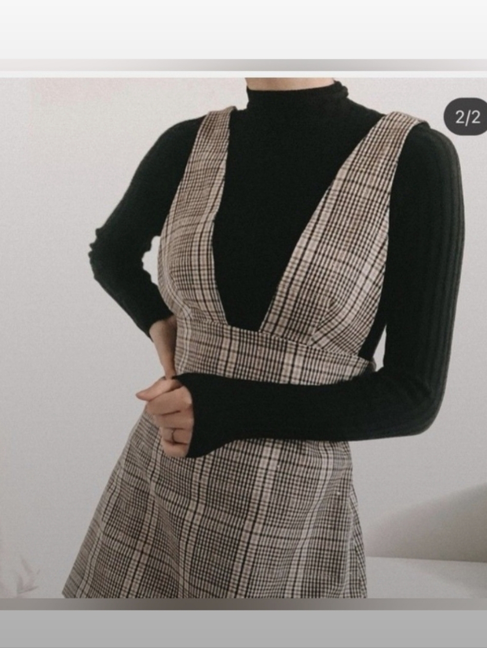 Zara Tan Plaid Sequined Academia Pinafore Low Cut Mini Dress Size Medium